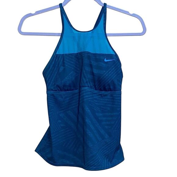 Nike Swim Teal Blue Racerback Tankini Top Small Tropical Print Shelf Bra - Picture 1 of 11